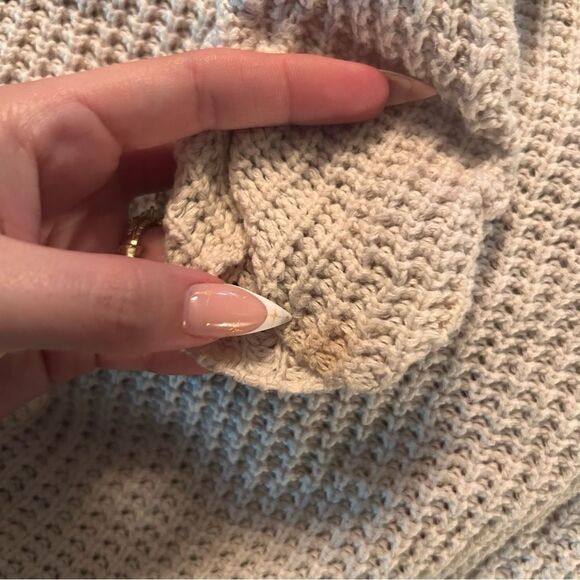 Free People Moonshine V Neck Sweater in Cream Waffle Knit Cold Shoulder - Picture 6 of 7